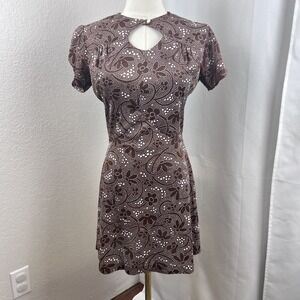 Vintage 60s 70s The Now Generation Mini Dress Size 9 Brown Floral Mod Disco